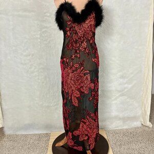 Vintage 90s Red Black Velvet Burn Out Feather Trim Lace Up Nightgown L